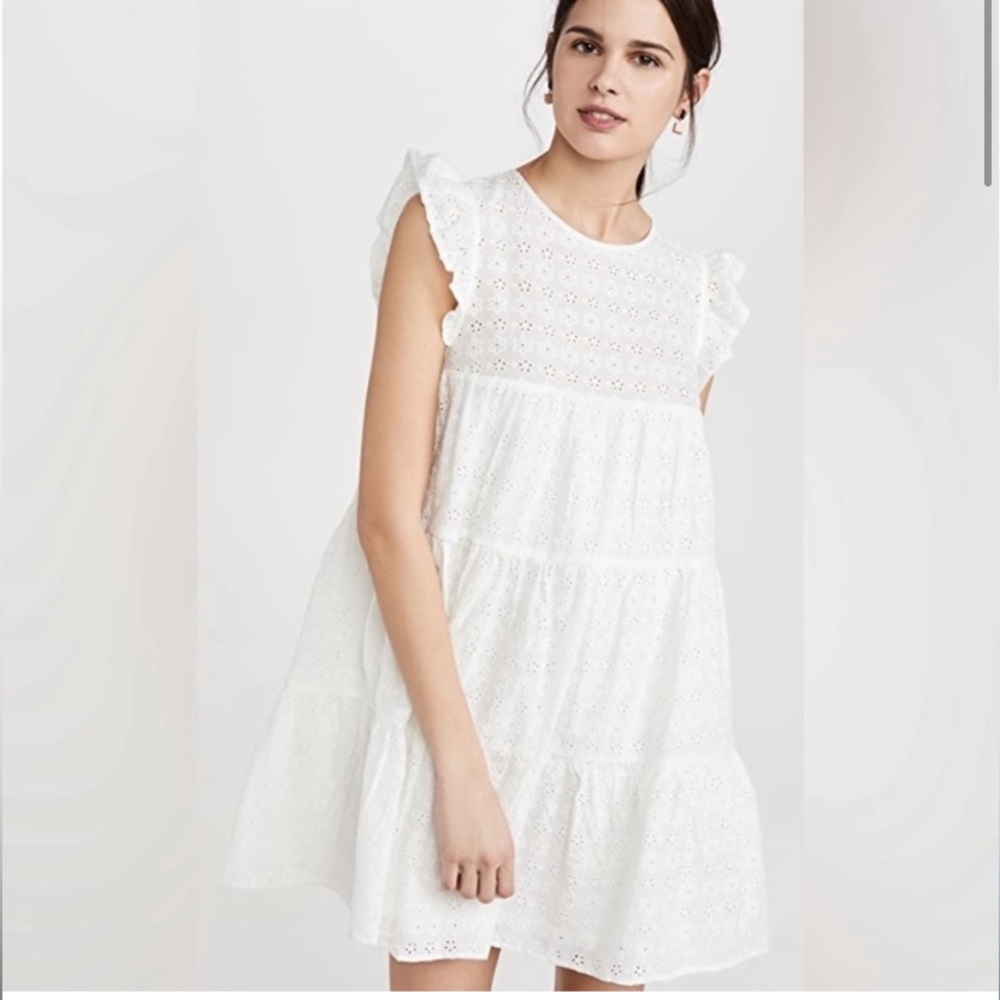English Factory Size: XS White Eyelet Ruffle Sleeve Tiered Pocketed Mini Dress